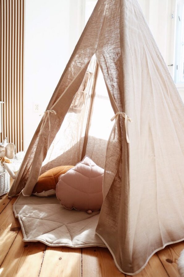 Linen tipi tent with window and leaf mat