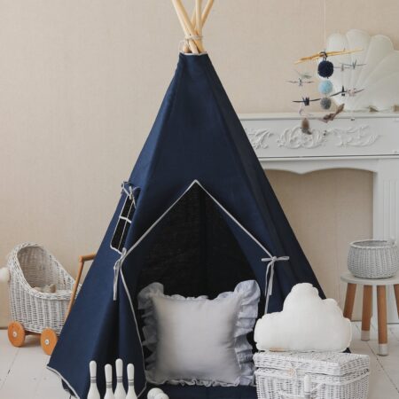 Linen tipi tent with window and playmat - navy blue