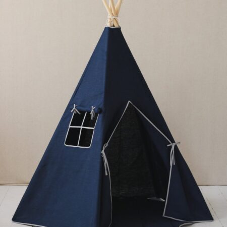 Linen tipi tent with window and playmat - navy blue