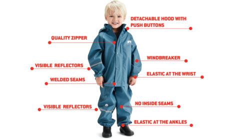 Cute rainwear set for kids. Made from PU in dark navy color with white elephants. Kidsbloom.ee