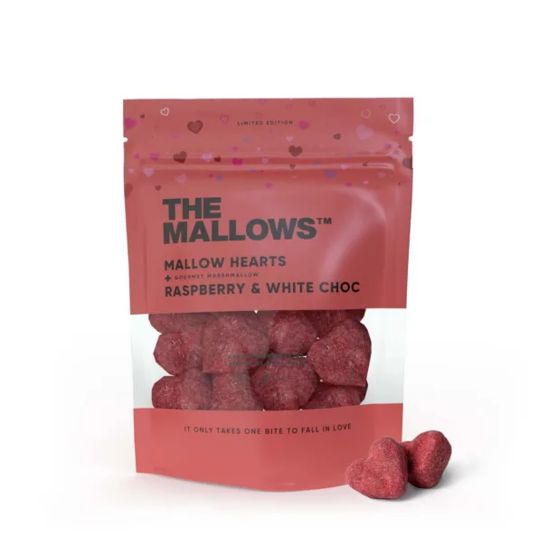 The Mallows südamekujulised vahukommid Hearts - Raspberry & White Choc 90g